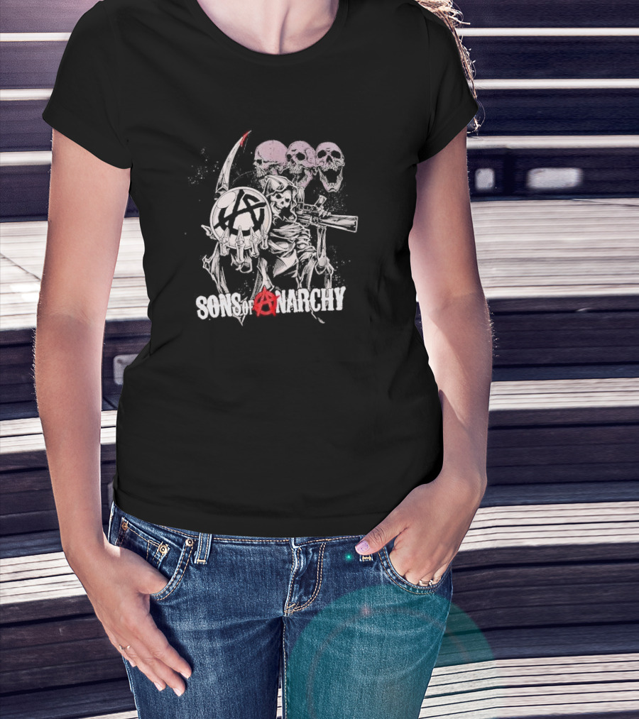 Sons Of Anarchy Grim Reaper Skulls With Scythe And Gun T-Shirt