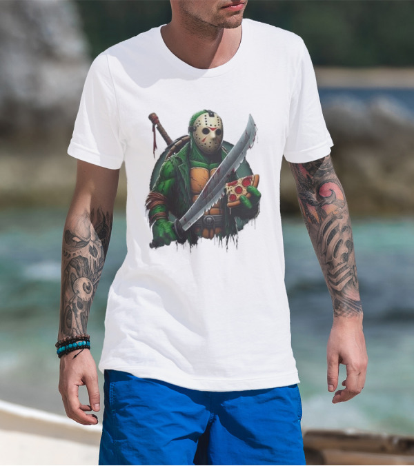 Jason Voorhees Ninja Turtle Pizza Swordsman Crossover T-Shirt