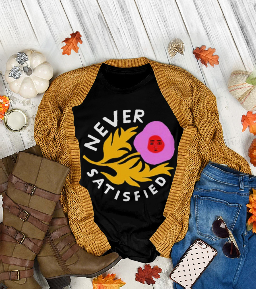 Never Satisfied Pink Mask Face with Yellow Leaves T-Shirt