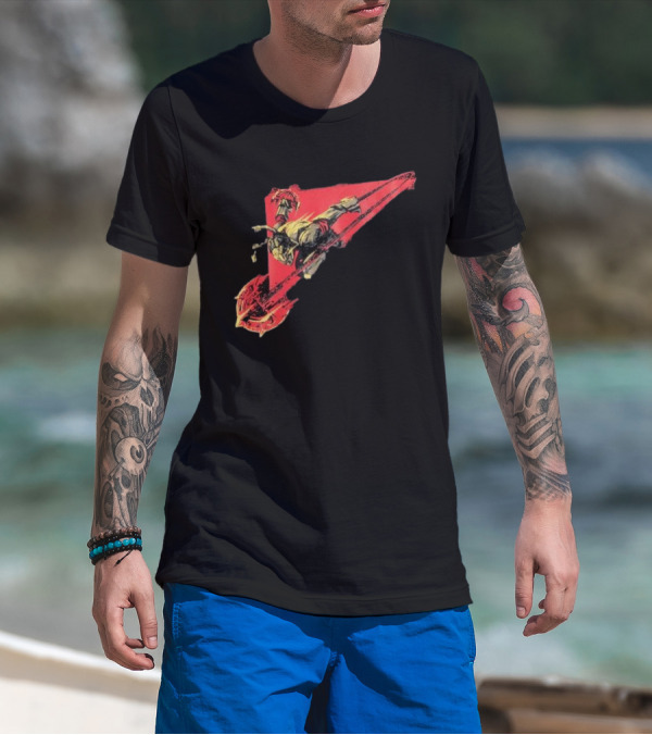Arcane Ambessa Warrior Riding Battle Axe On Red Triangular Path T-Shirt