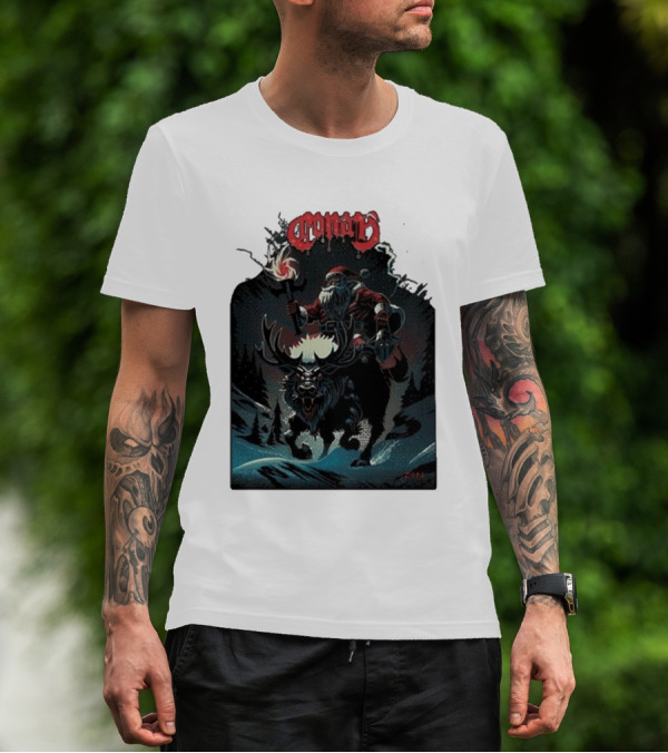 Conan Merry Chrushmas Santa Riding Mythical Beast Torch Dark Forest Scene T-Shirt