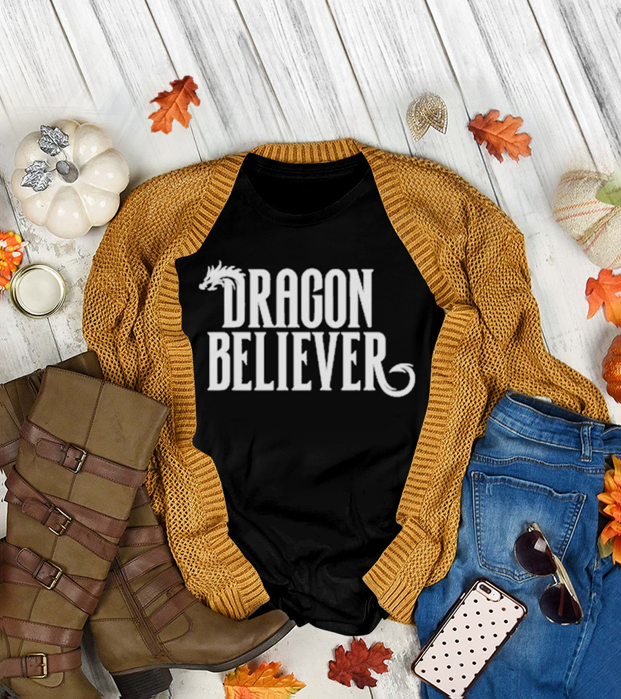 Dragon Believer Fantasy Typography with Dragon Head Accent T-Shirt