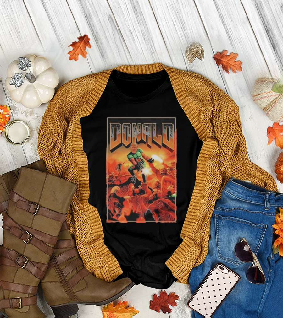 Donald Doom Slayer in Hellfire Battle Scene T-Shirt