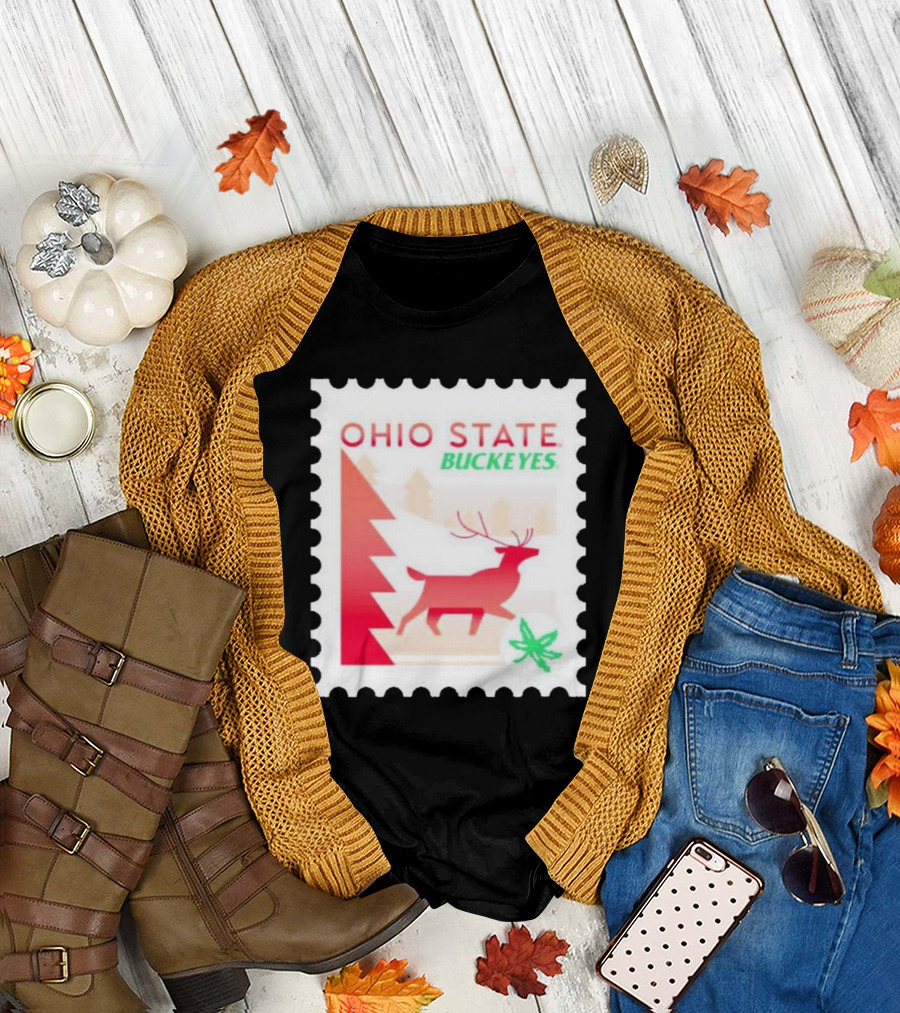 Ohio State Buckeyes Holiday Stamp Reindeer Forest Scene T-Shirt