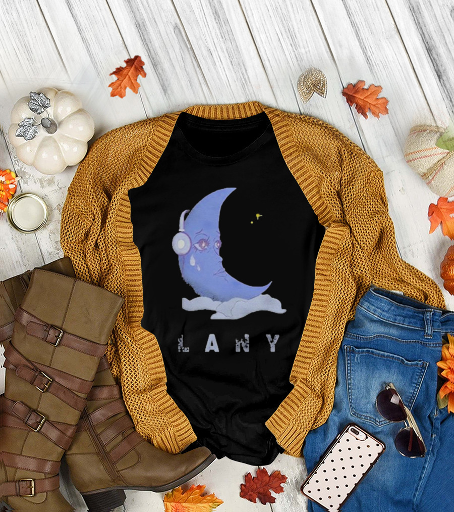 Lany Moon Crying Blue Crescent with Headphones and Clouds T-Shirt