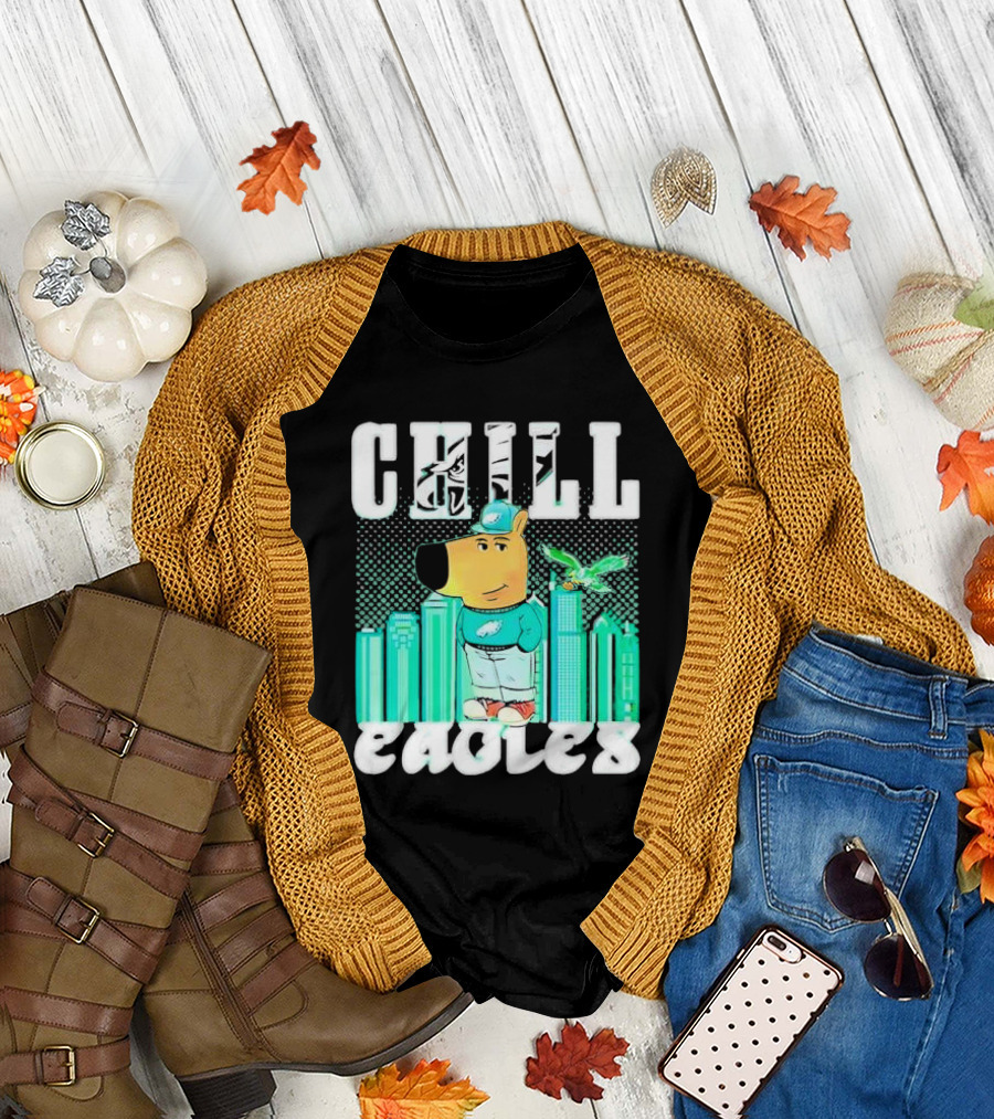 Philadelphia Eagles Chill Character with City Skyline and Cartoon Bird T-Shirt