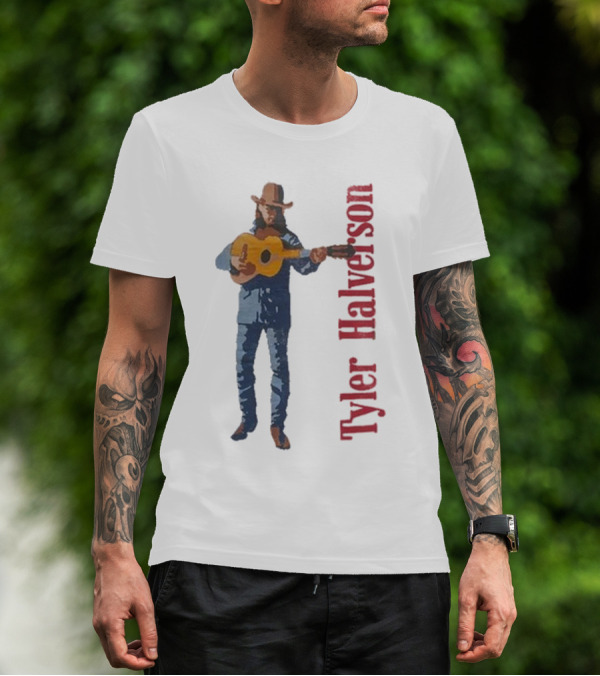 Tyler Halverson Playing Guitar Watercolor Art Cowboy T-Shirt