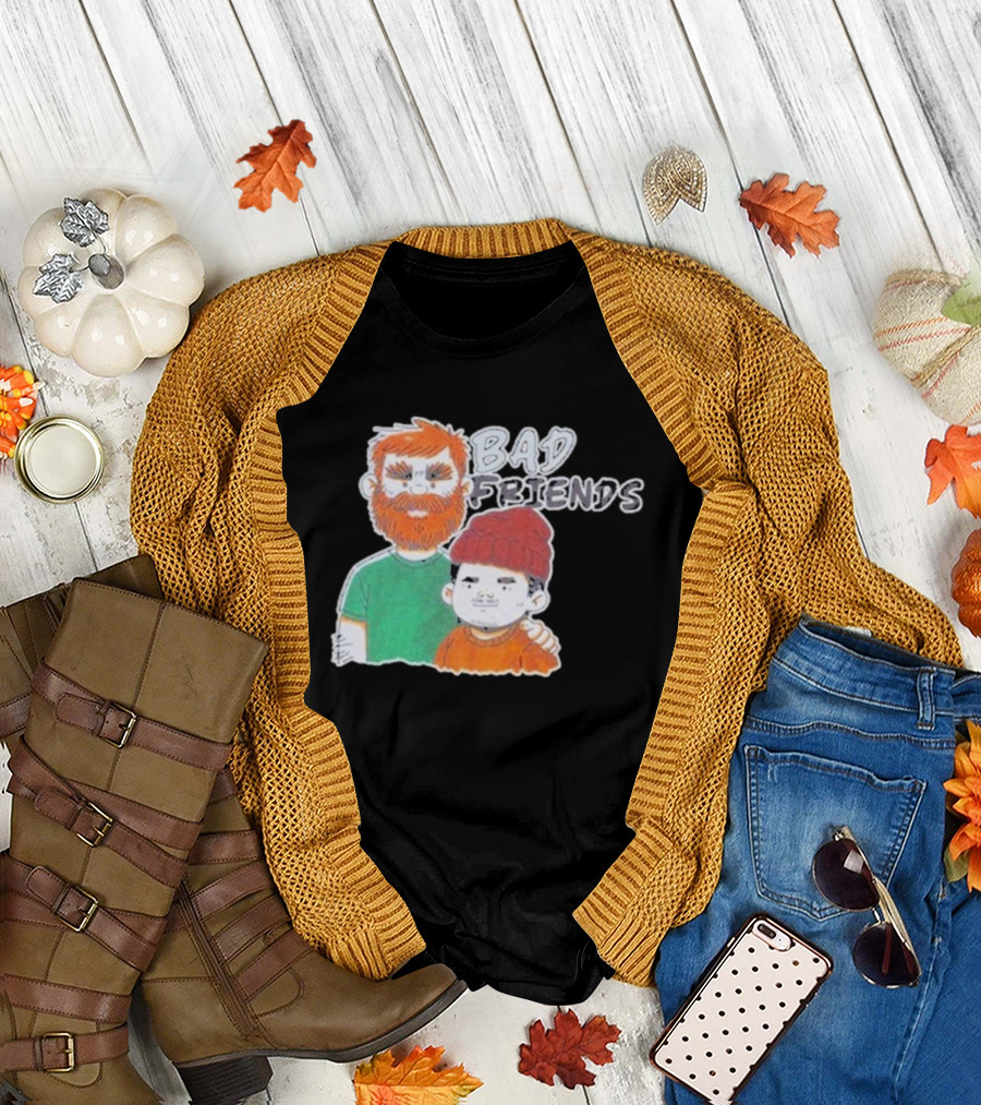 Bad Friends Cartoon Characters with Beard and Beanie T-Shirt