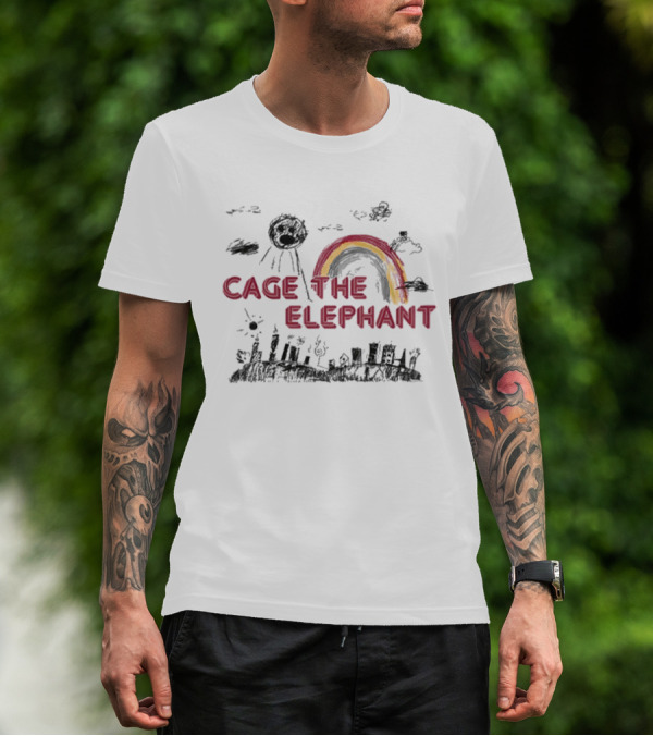 Cage The Elephant Rainbow Doodle With Scribbled Skyline And Clouds T-Shirt