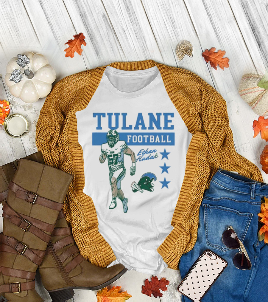 Tulane Football Ethan Hudak Player Graphic and Wave Stars T-Shirt