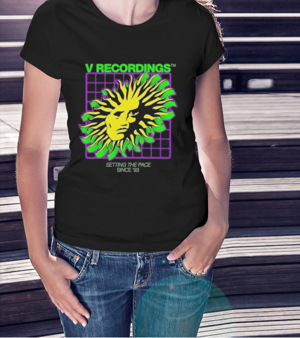 V Recordings Setting The Pace Since 93 Sunburst Face Retro Grid T-Shirt