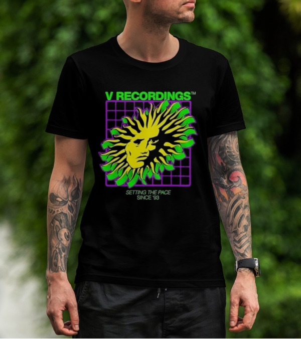 V Recordings Setting The Pace Since 93 Sunburst Face Retro Grid T-Shirt