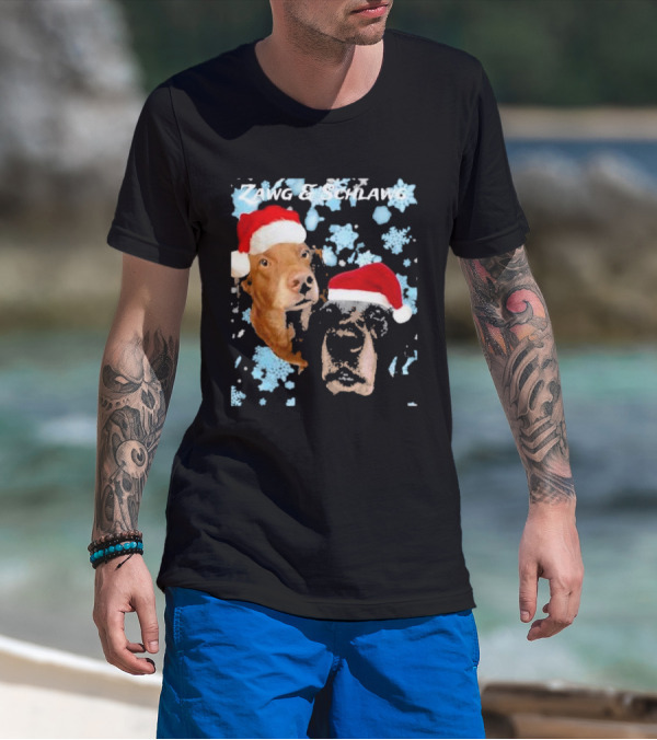 Zawg And Schlawg Christmas Dogs With Santa Hats And Snowflakes T-Shirt