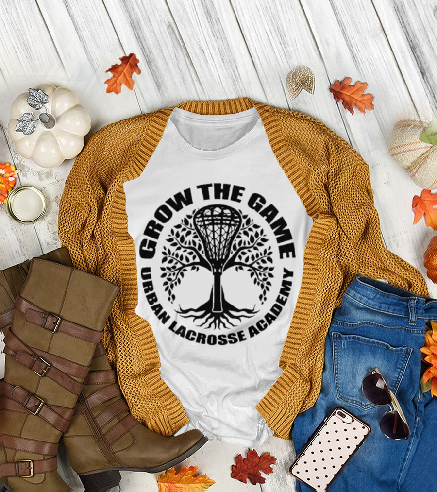 Grow The Game Urban Lacrosse Academy Tree Logo Roots and Lacrosse Stick T-Shirt