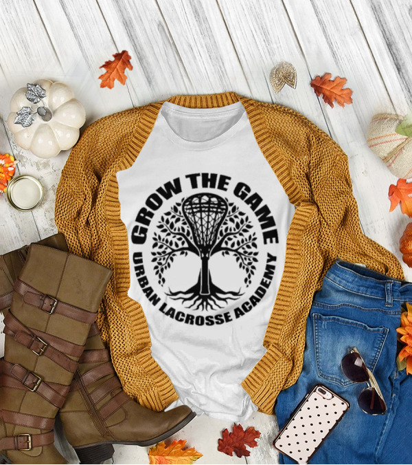 Grow The Game Urban Lacrosse Academy Tree Logo Roots And Lacrosse Stick T-Shirt