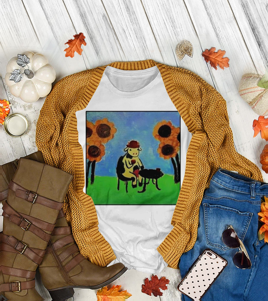 Cow with Hat Enjoying Drink in Flower Field Painting T-Shirt