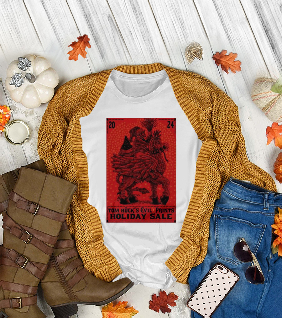 Tom Huck's Evil Prints Holiday Sale 2024 Riding Mythical Creature with Santa Figure T-Shirt