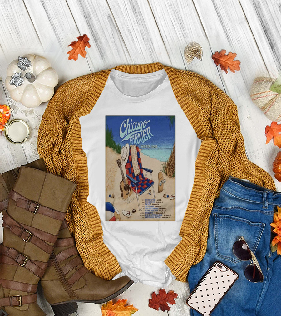 Chicago Farmer Tour Winter 2025 Beach Scene with Guitar and Hat T-Shirt