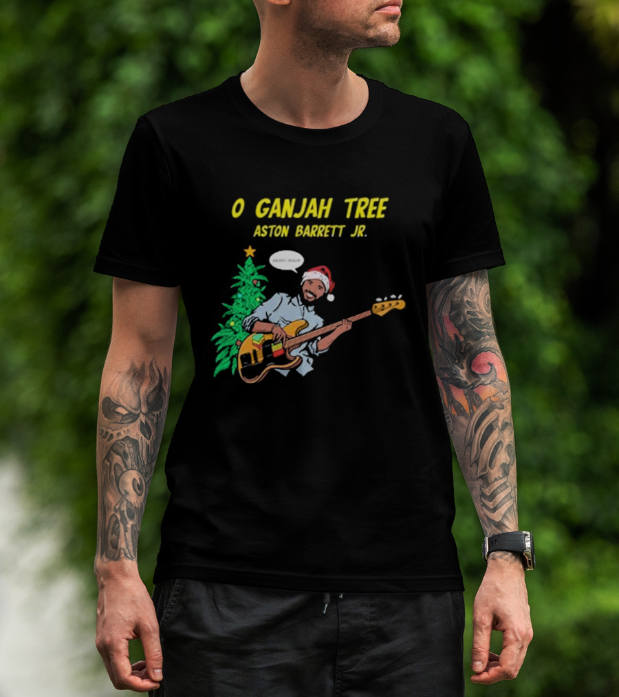 O Ganjah Tree Holiday Christmas Aston Barrett Jr Santa Hat Playing Guitar T-Shirt