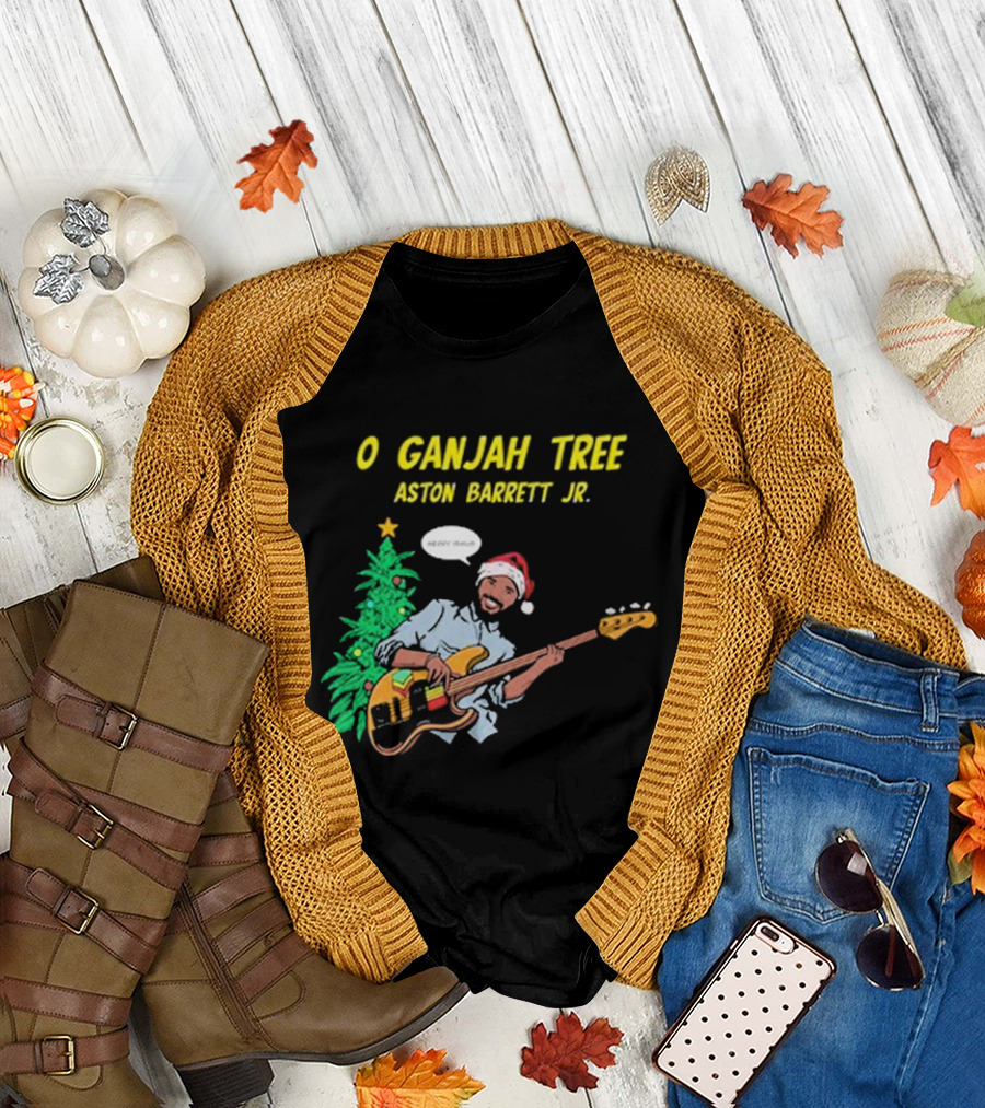 O Ganjah Tree Holiday Christmas Aston Barrett Jr Santa Hat Playing Guitar T-Shirt