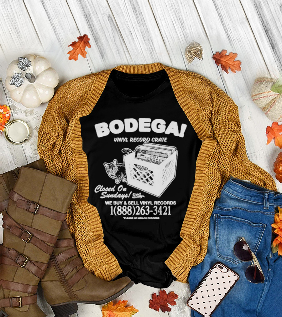 BODEGA Vinyl Record Crate Closed on Sundays Cat God Bless 1(888)263-3421 T-Shirt