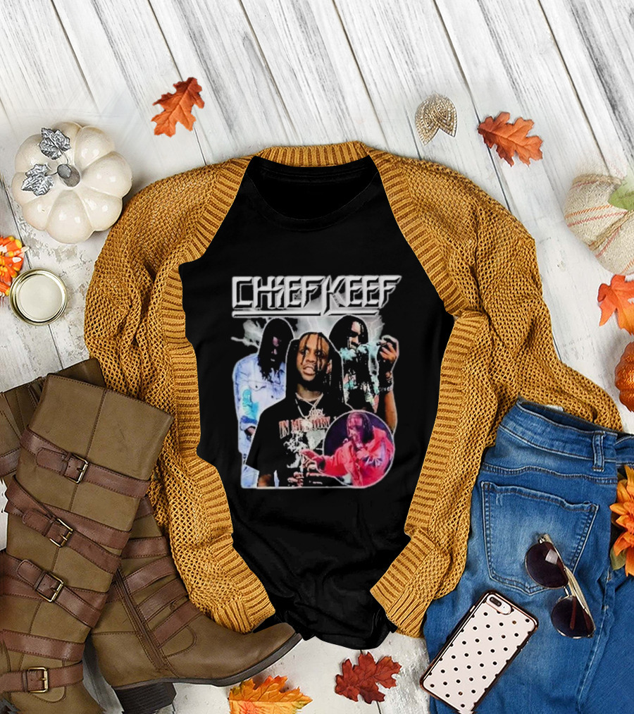 Fall flat lay featuring Chief Keef Collage Smoke and Red T-Shirt with cardigan.