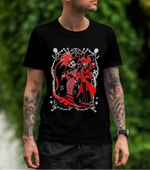 Hazbin Hotel Rosie And Alastor With Musical Notes And Skull Border T-Shirt