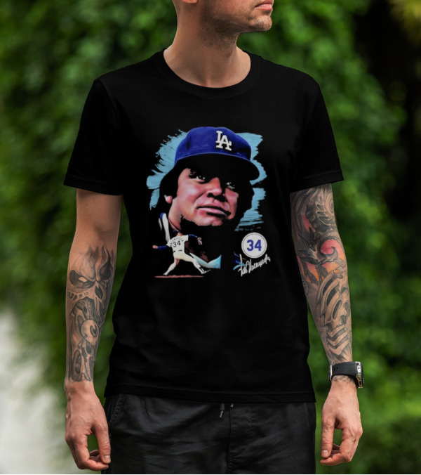 Fernando Valenzuela Los Angeles Dodgers Number 34 Signature T-Shirt