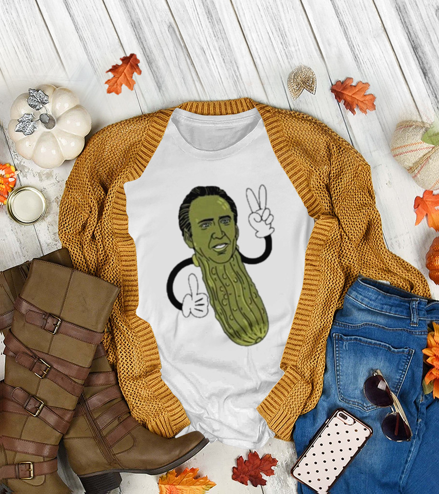 Picolas Cage Nick Cage Pickle Character with Peace Sign Christmas T-Shirt