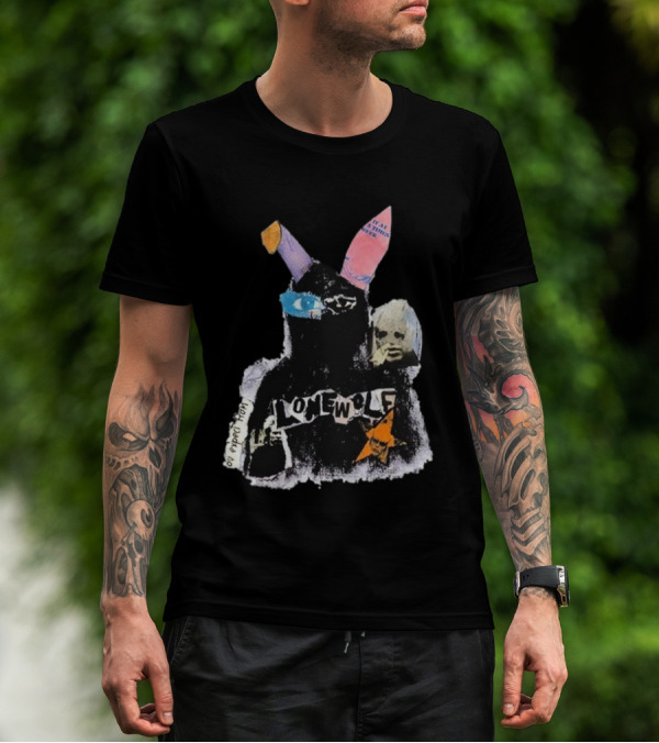 Lonewolf Bunn Psychedelic Collage With Earpiece Text And Star Elements T-Shirt