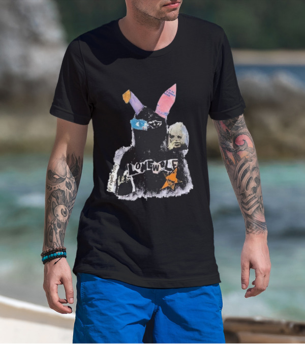 Lonewolf Bunn Psychedelic Collage With Earpiece Text And Star Elements T-Shirt