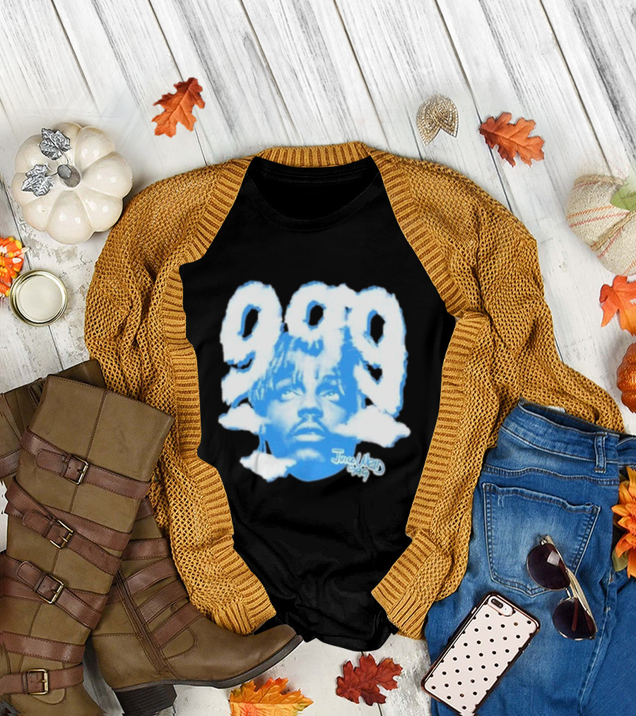 Juice Wrld 999 Clouds Portrait with Signature in Blue and White T-Shirt