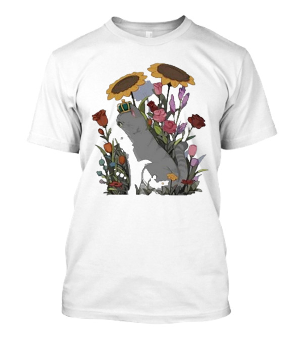 Jellie Floral Cat With Crown And Sunflowers In Garden T-Shirt