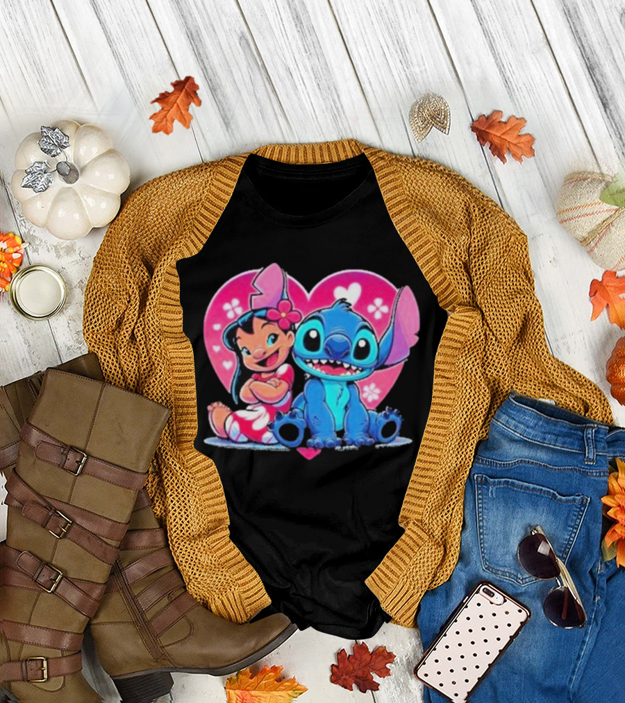 Lilo and Stitch Heart Background Pink Flower Ears Cute Characters T-Shirt