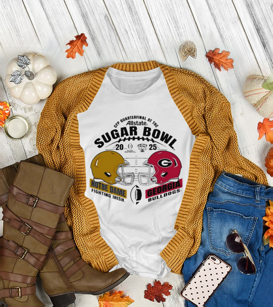 CFP Quarterfinal at the Allstate Sugar Bowl 2024-25 Notre Dame Fighting Irish Vs Georgia Bulldogs Dueling Helmet T-Shirt