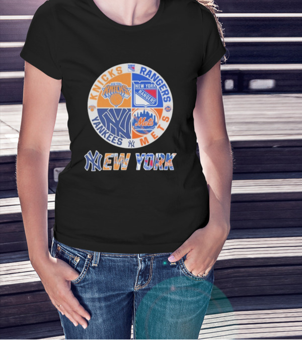 Knicks Rangers Yankees Mets New York Circle Logo Collaboration T-Shirt