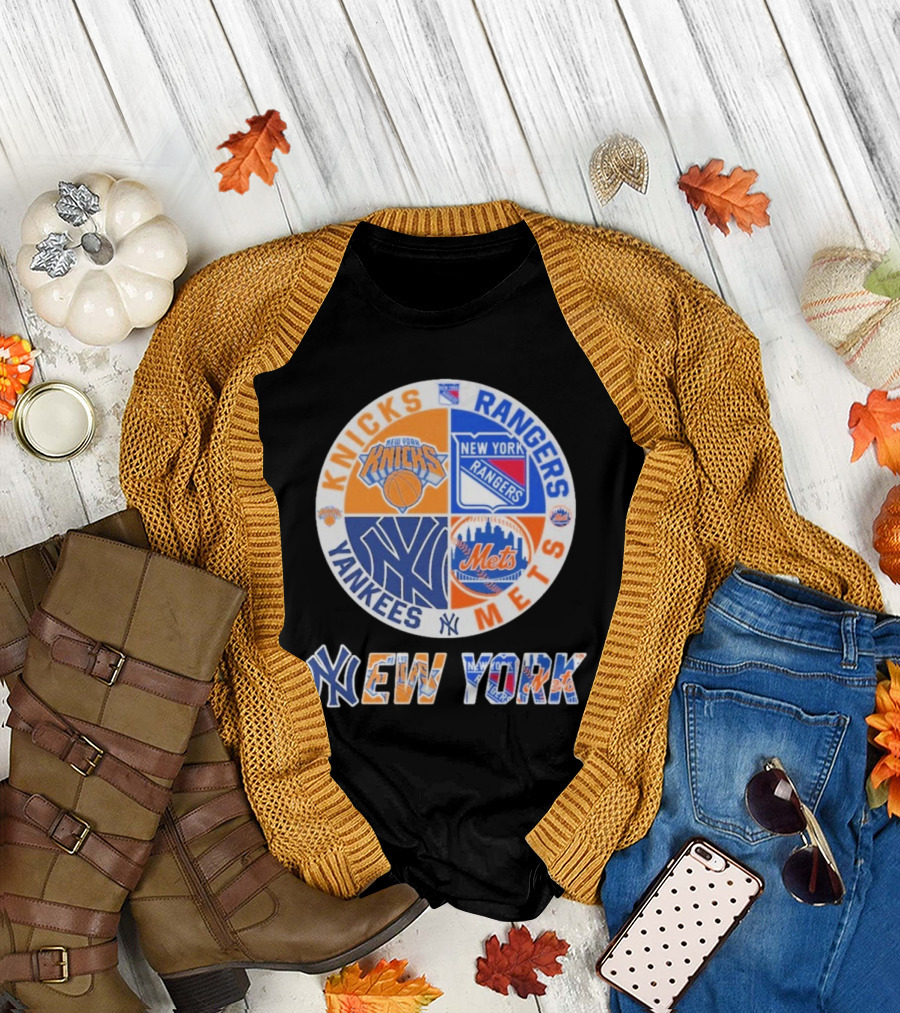 Knicks Rangers Yankees Mets New York Circle Logo Collaboration T-Shirt