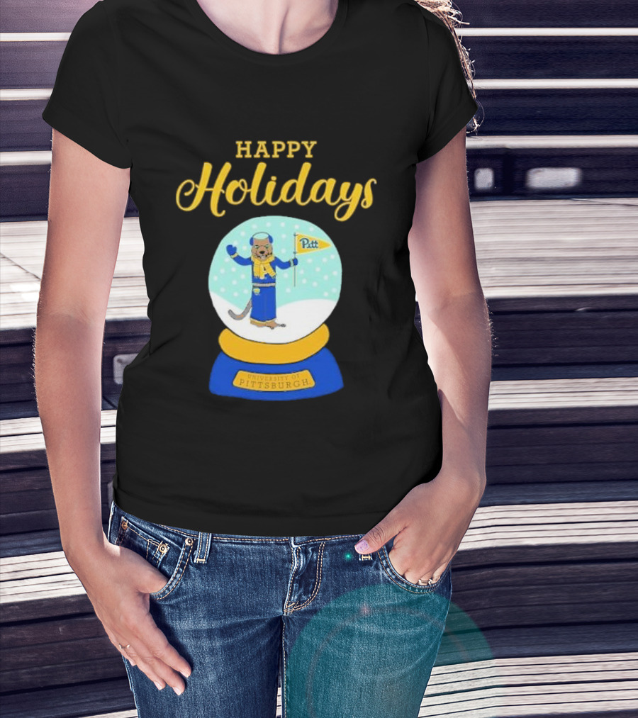 University Of Pittsburgh Pitt Roc Snow Globe Happy Holidays T-Shirt