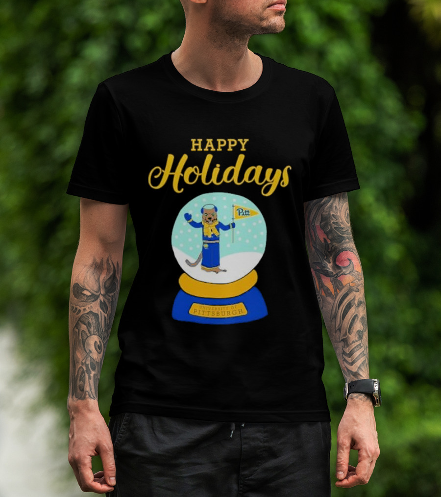 University Of Pittsburgh Pitt Roc Snow Globe Happy Holidays T-Shirt