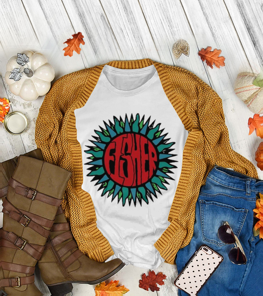 Fisher Sunburst Red Blue Green Logo Soak Up The Sun T-Shirt
