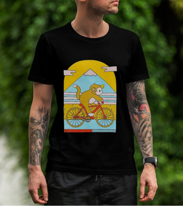 CDAWGVA Cycle Pullover Monkey Riding Bike With Mountain Background T-Shirt
