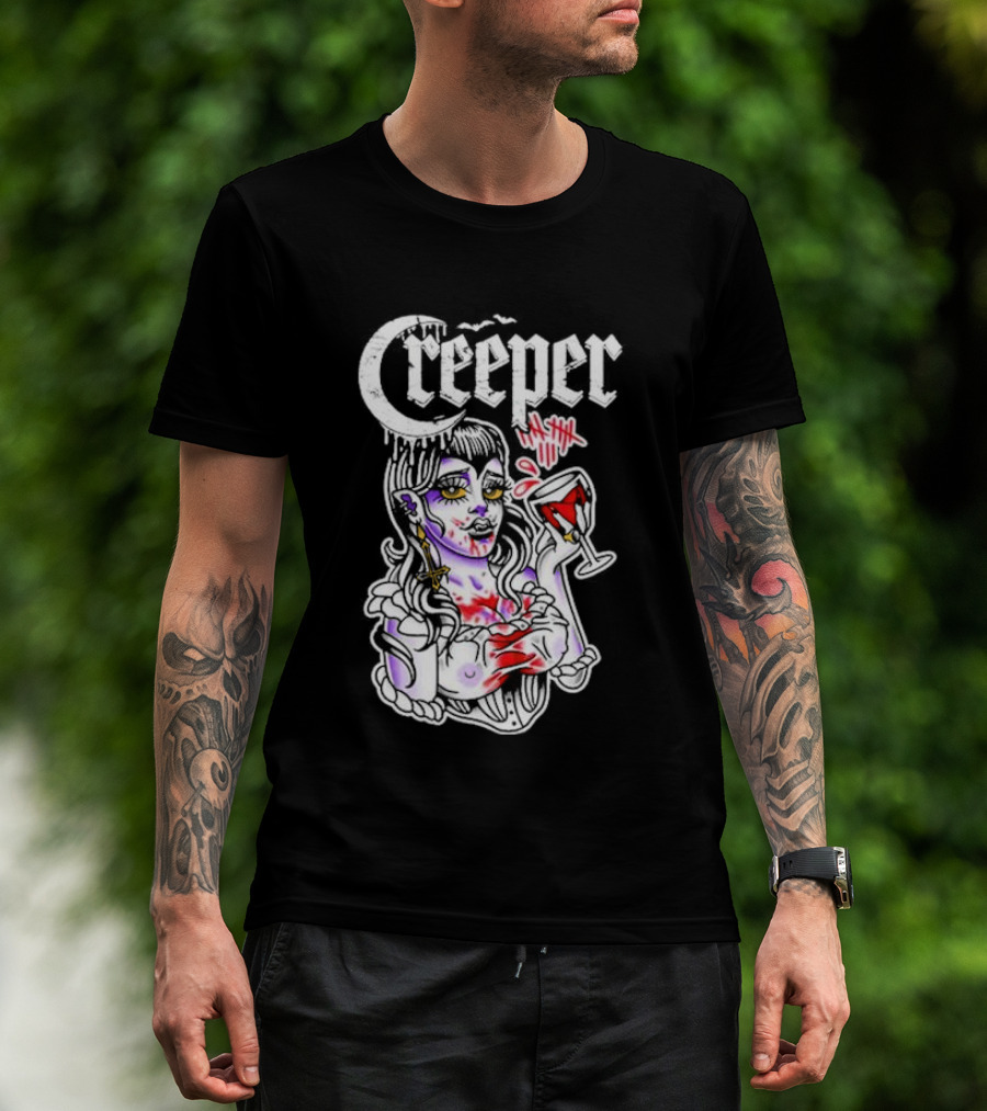 Creeper Gothic Vampire Woman With Bloody Drink T-Shirt