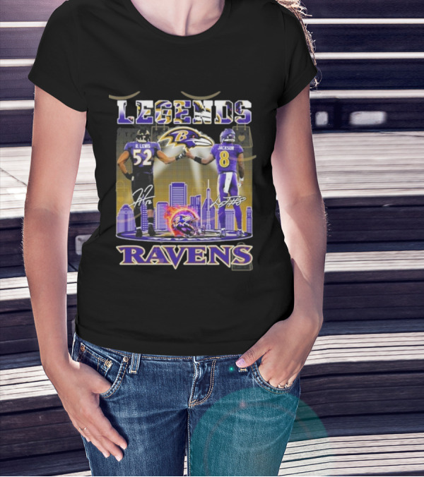 Baltimore Ravens Legends Ray Lewis 52 X Lamar Jackson 8 Signature T-Shirt