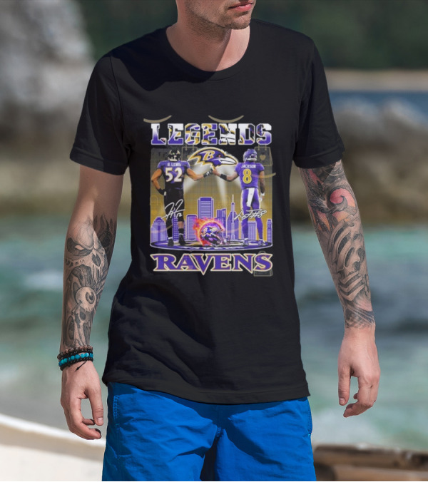 Baltimore Ravens Legends Ray Lewis 52 X Lamar Jackson 8 Signature T-Shirt