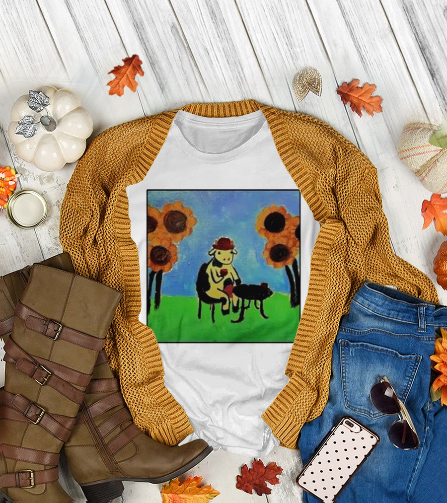 Cow Painting with Sunflowers and Tea Party Scene T-Shirt