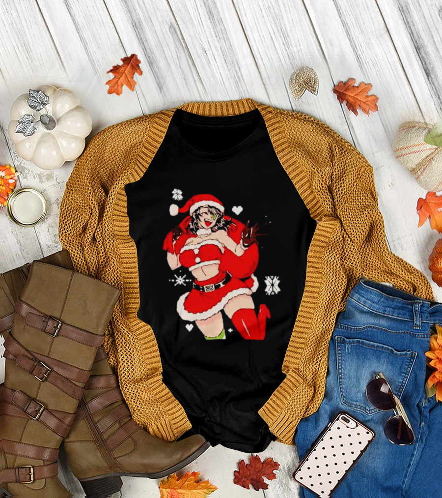 Supps Waifu Uwu Ugly Christmas Santa Anime Girl in Red Outfit with Snowflakes and Hearts T-Shirt
