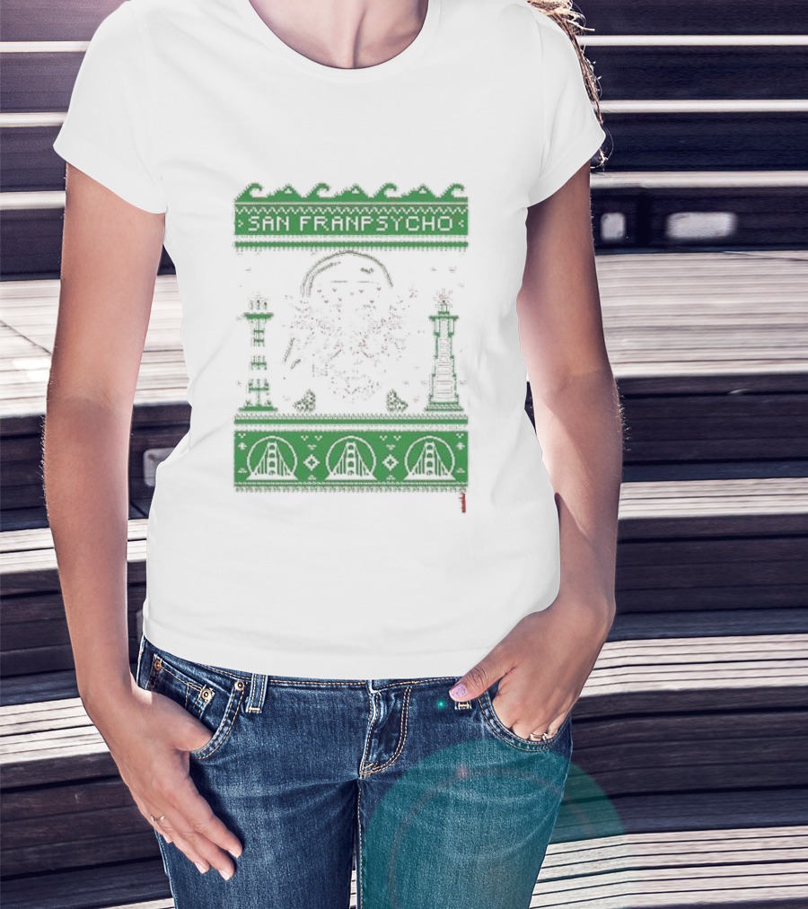San Franpsycho Sfp Holiday Bridge Towers Snowflakes Green Holiday T-Shirt