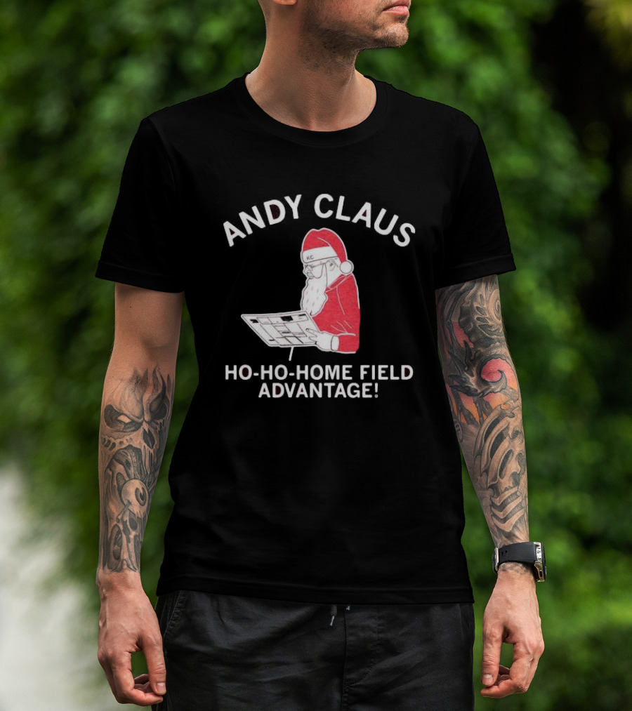Andy Claus Santa In KC Hat With Playbook Ho Ho Home Field Advantage T-Shirt