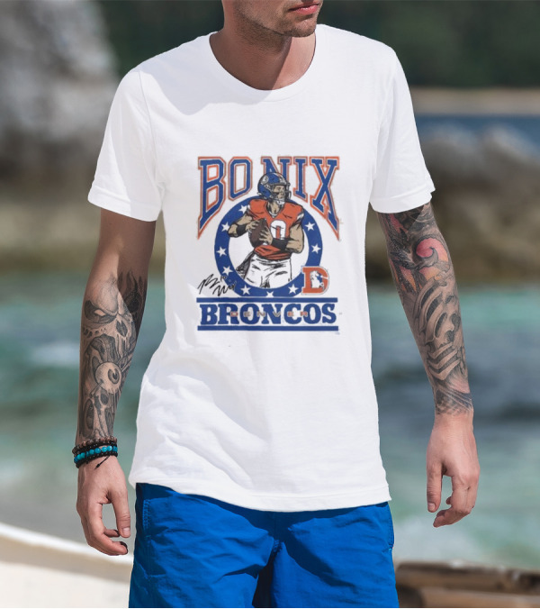 Bo Nix Broncos Stars Football Signature T-Shirt