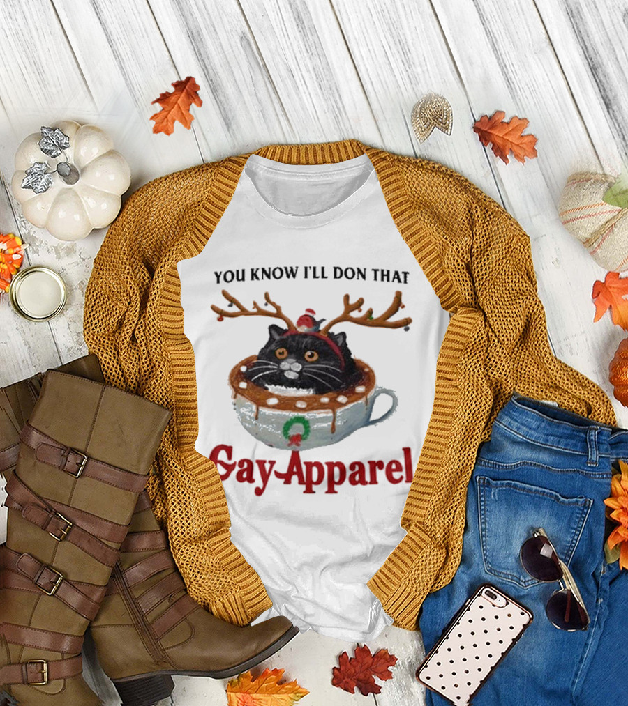 You Know I’ll Don That Gay Apparel Black Cat In Festive Antlers In Holiday Coffee Cup T-Shirt